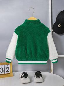 SHEIN Bebé niño Cazadora teddy con bordado de letra ribete de rayas de hombros caídos - Verde - Ver 3