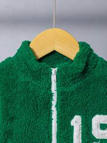 SHEIN Bebé niño Cazadora teddy con bordado de letra ribete de rayas de hombros caídos - Verde - Ver 5