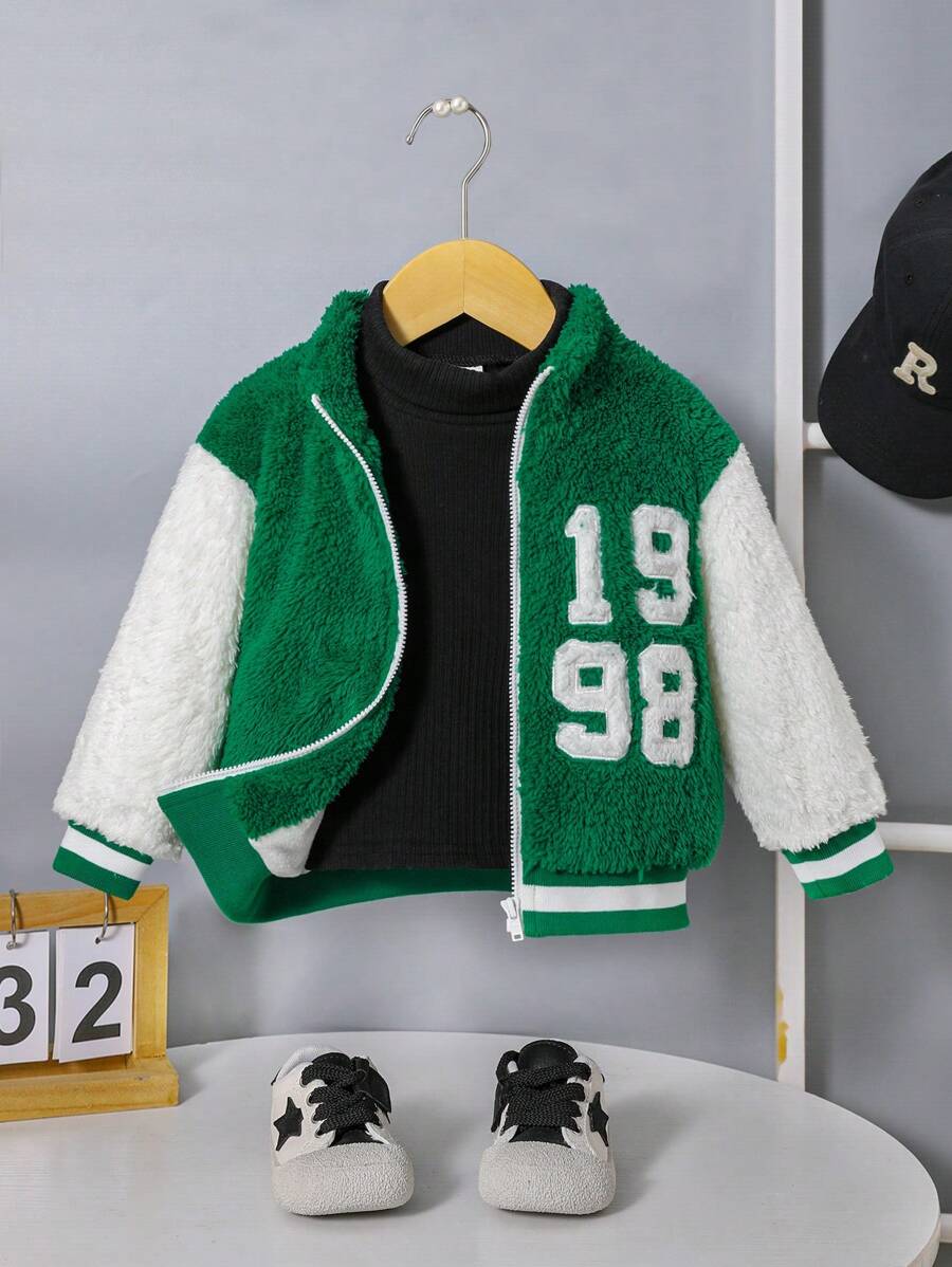 SHEIN Bebé niño Cazadora teddy con bordado de letra ribete de rayas de hombros caídos - Verde - Ver 1