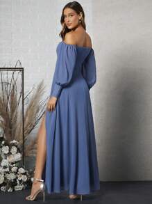 SHEIN Belle 一字肩高衩伴娘洋裝