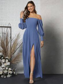 SHEIN Belle 一字肩高衩伴娘洋裝