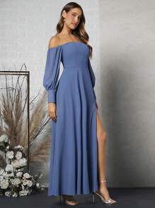 SHEIN Belle 一字肩高衩伴娘洋裝