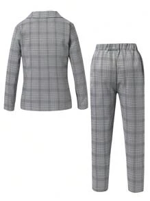 SHEIN 青少年男童绅士两件套：格子长袖西装外套+长裤，不含衬衫和配饰，适合生日派对、庆典、婚礼、洗礼、周年纪念等正式场合。