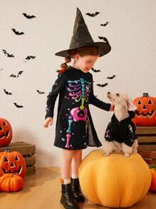 SHEIN Young Girl Skeleton Print Mock Neck Dress - Black - View 4