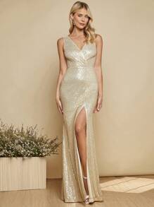 SHEIN Belle 高衩亮片伴娘洋裝 - 香檳色 - 查看 3