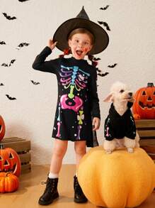 SHEIN Young Girl Skeleton Print Mock Neck Dress - Black - View 5