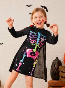SHEIN Young Girl Skeleton Print Mock Neck Dress - Black - View 6