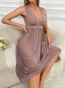 Contrast Lace Mesh Pajama Nightdress Long Dress - Dusty Pink - View 1