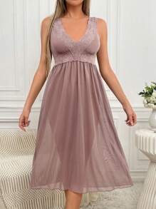 Contrast Lace Mesh Pajama Nightdress Long Dress - Dusty Pink - View 3
