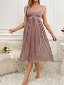 Contrast Lace Mesh Pajama Nightdress Long Dress - Dusty Pink - View 4