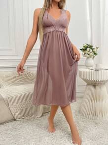 Contrast Lace Mesh Pajama Nightdress Long Dress - Dusty Pink - View 5