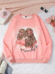 1件字母和数字图案套头卫衣，秋季卫衣 - 珊瑚粉 - 查看 1