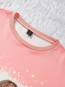 1件字母和数字图案套头卫衣，秋季卫衣 - 珊瑚粉 - 查看 5