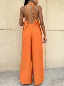 SHEIN Privé Chất rắn Halter Neck Áo liền quần ống rộng Không có thắt lưng - trái cam - Xem 2