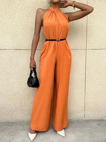 SHEIN Privé Chất rắn Halter Neck Áo liền quần ống rộng Không có thắt lưng - trái cam - Xem 3