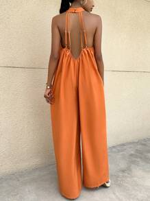 SHEIN Privé Chất rắn Halter Neck Áo liền quần ống rộng Không có thắt lưng - trái cam - Xem 4