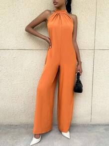 SHEIN Privé Chất rắn Halter Neck Áo liền quần ống rộng Không có thắt lưng - trái cam - Xem 5