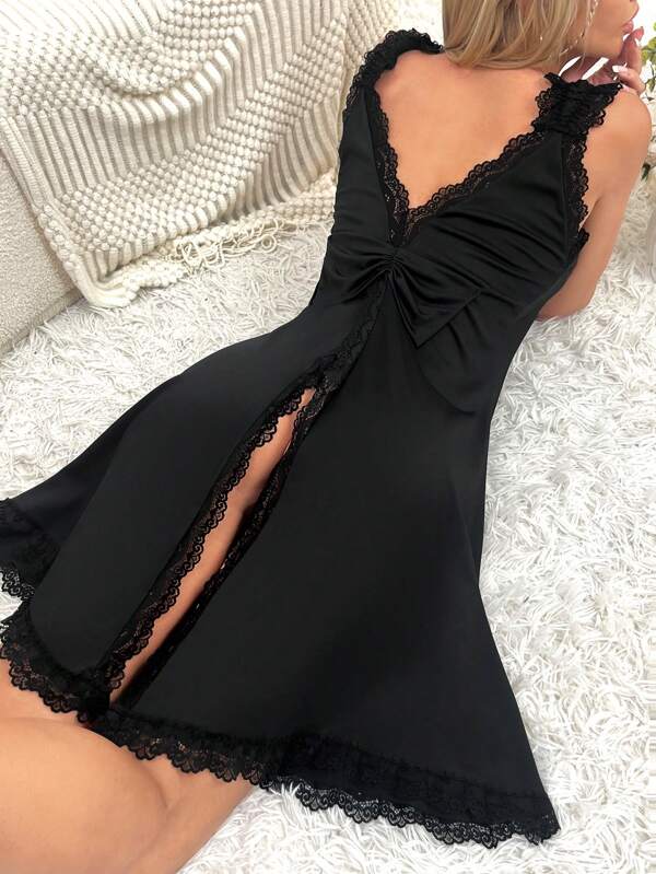 Contrast Lace Split Back Pajama Nightdress, Vacation