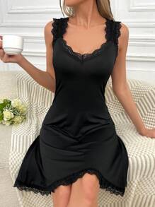 Contrast Lace Split Back Pajama Nightdress - Black - View 2