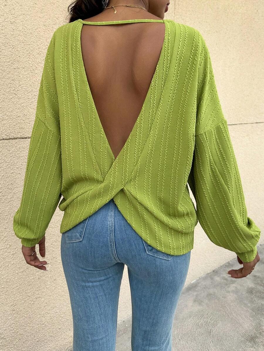 SHEIN Privé 扭結露背落肩袖運動衫 - 綠色 - 查看 1