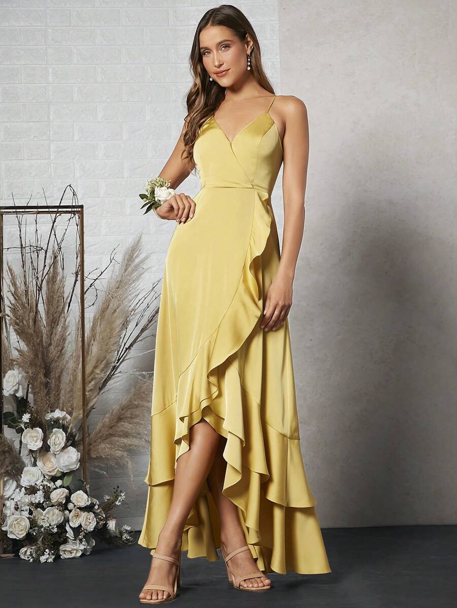 SHEIN Belle Ruffle Trim Wrap Hem Satin Cami Dress - Yellow - View 1