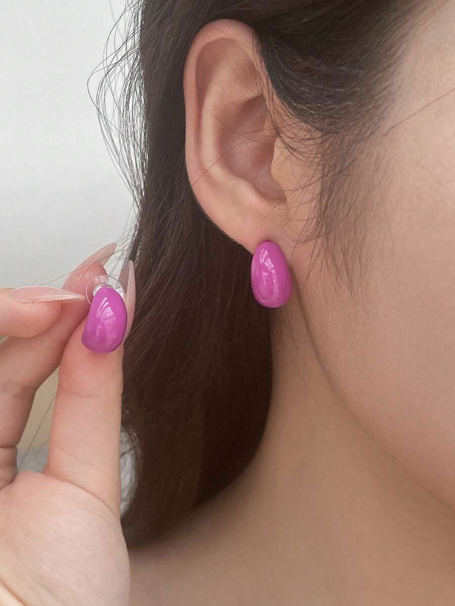 DAZY Đúng mốt Kim loại Tối giản Sáng bóng Tai Trụ - Màu Hồng Tươi - Xem 1