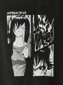 Manfinity RebelGame Manfinity EMRG 宽松版型男式日本字母与人物图案二合一动漫 T 恤 - 黑色 - 查看 3