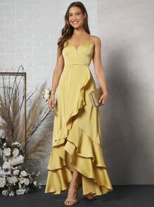 SHEIN Belle Ruffle Trim Wrap Hem Satin Cami Dress - Yellow - View 3