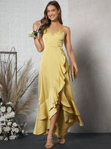 SHEIN Belle Ruffle Trim Wrap Hem Satin Cami Dress - Yellow - View 4
