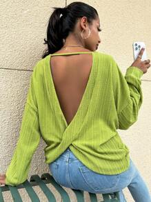 SHEIN Privé 扭結露背落肩袖運動衫 - 綠色 - 查看 5