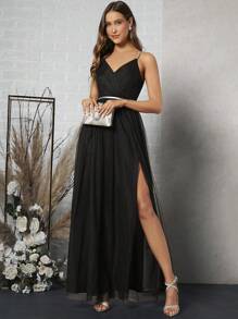 SHEIN Belle 开叉大腿网眼吊带裙派对礼服黑色优雅正式晚会舞会婚礼宾客礼服，适合毕业典礼、晚宴