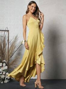 SHEIN Belle Ruffle Trim Wrap Hem Satin Cami Dress - Yellow - View 6