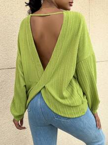 SHEIN Privé 扭結露背落肩袖運動衫 - 綠色 - 查看 6