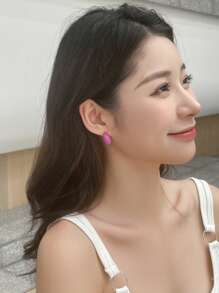 DAZY Đúng mốt Kim loại Tối giản Sáng bóng Tai Trụ - Màu Hồng Tươi - Xem 6