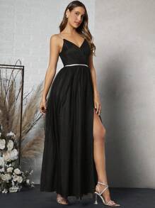 SHEIN Belle 开叉大腿网眼吊带裙派对礼服黑色优雅正式晚会舞会婚礼宾客礼服，适合毕业典礼、晚宴