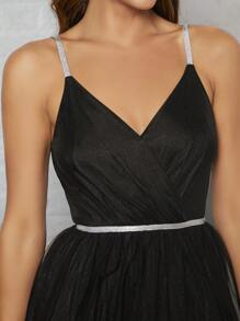 SHEIN Belle 开叉大腿网眼吊带裙派对礼服黑色优雅正式晚会舞会婚礼宾客礼服，适合毕业典礼、晚宴