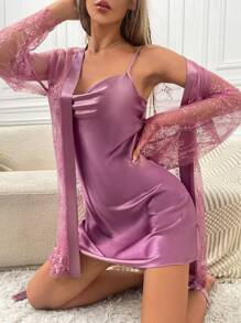 SilkySpell Satin Cami Nightdress & Contrast Lace Robe PJ Set / Pajama Set