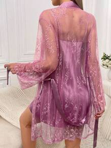 SilkySpell Satin Cami Nightdress & Contrast Lace Robe PJ Set / Pajama Set