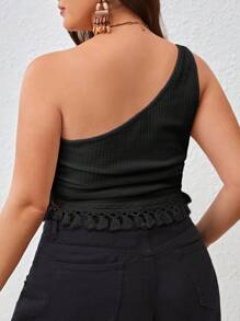 SHEIN VCAY Hơn Một bờ vai Tua viền Top Cây trồng - màu đen - Xem 2