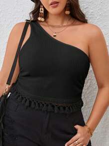 SHEIN VCAY Hơn Một bờ vai Tua viền Top Cây trồng - màu đen - Xem 3