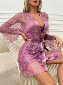 SilkySpell Satin Cami Nightdress & Contrast Lace Robe PJ Set / Pajama Set