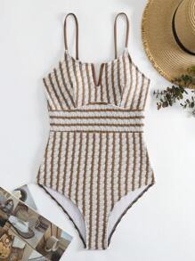 SHEIN Swim 條紋圖案缺口領連體泳衣 - 咖啡棕 - 查看 7