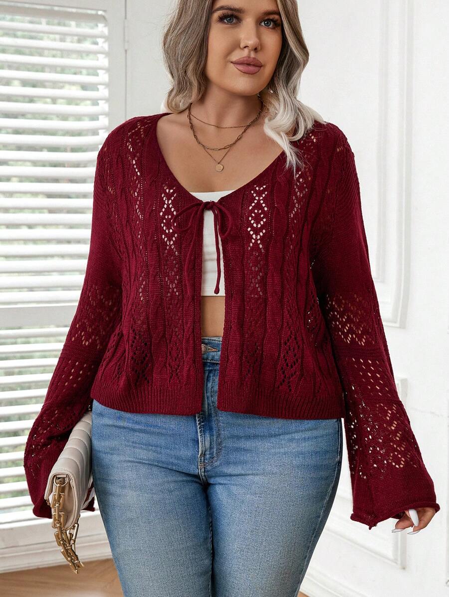 Calvaya 大碼前繫帶網眼針織喇叭袖開襟衫 - 酒紅色 - 查看 1