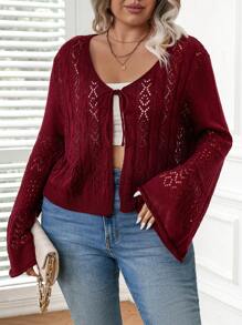 Calvaya 大碼前繫帶網眼針織喇叭袖開襟衫 - 酒紅色 - 查看 3