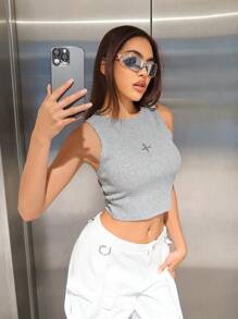 SHEIN ICON Star Print Crop Tank Top - Light Grey - View 1