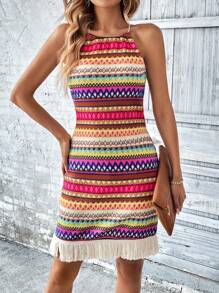 SHEIN LUNE Geo Print Fringe Hem Halter Dress - Multicolor - View 1