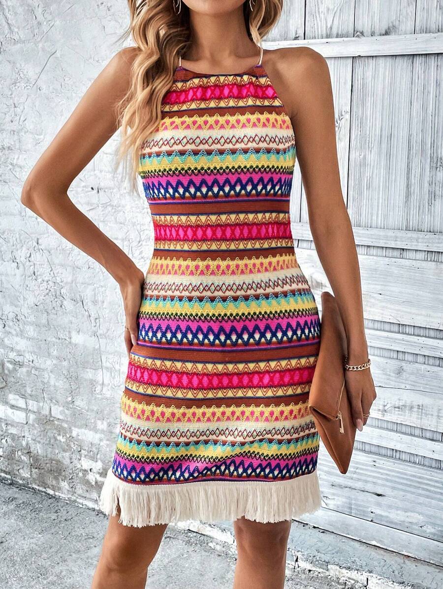 SHEIN LUNE Geo Print Fringe Hem Halter Dress - Multicolor - View 1