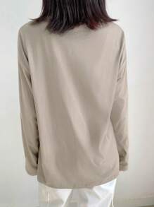 DAZY Letter Patched Detail Drop Shoulder Pocket Patched Tee,Fall Clothes Long Sleeve Women Tops