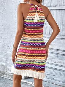 SHEIN LUNE Geo Print Fringe Hem Halter Dress - Multicolor - View 2