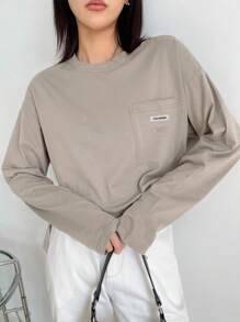DAZY Letter Patched Detail Drop Shoulder Pocket Patched Tee,Fall Clothes Long Sleeve Women Tops